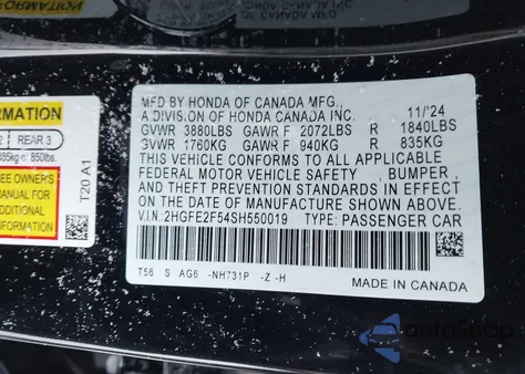 2025 Honda Civic Sport from USA, damaged, VIN 2HGFE2F54SH550019